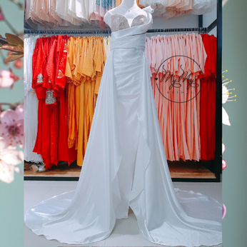 <Cho thuê/bán> Váy cưới satin trắng lệch vai - dịch vụ cho thuê bán váy cưới đẹp 