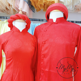 Áo dài cặp cô dâu chủ rể gấm đỏ đơn giản - Cho thuê / bán