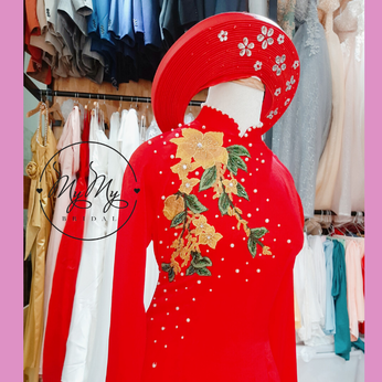 Áo dài cô dâu gấm đỏ kết hoa vàng -  Dịch vụ cho thuê áo dài cưới