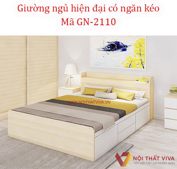 Mẫu giường ngủ hiện đại có ngăn kéo, hộc tủ chứa đồ tiện lợi.