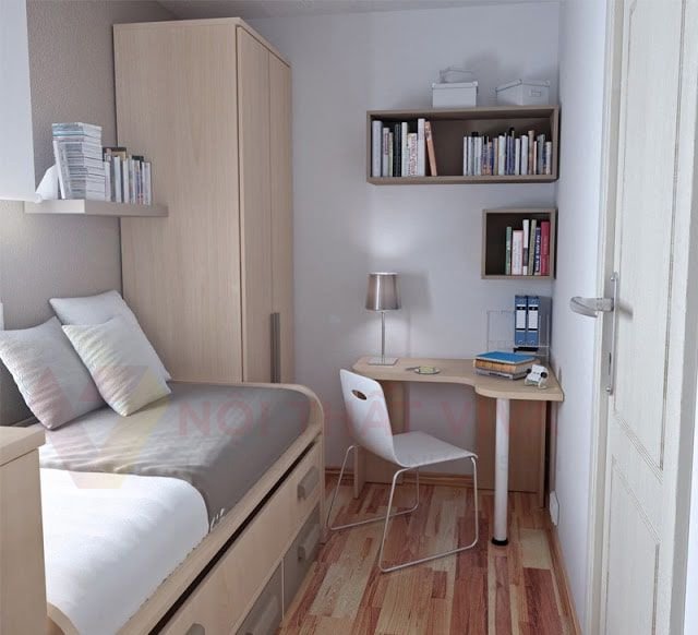 Mẫu nội thất đồ gỗ phòng ngủ thông minh cho phòng diện tích nhỏ.