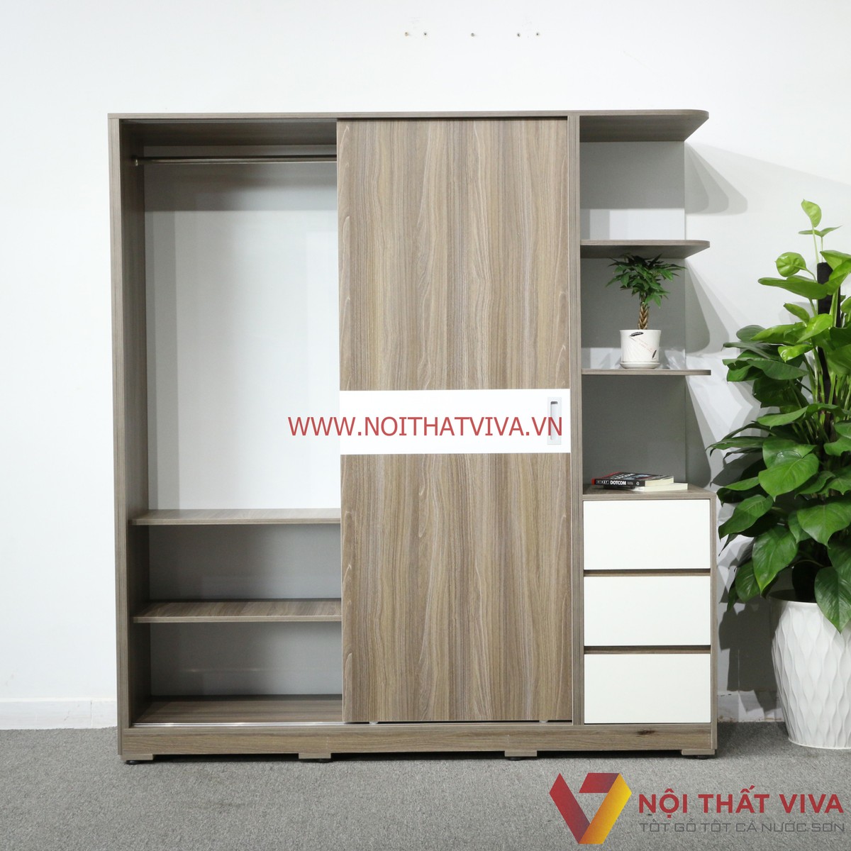 Tủ Quần Áo Cửa Lùa 1m8 Gỗ MDF Melamine Màu Xám Chỉ Trắng Bền Đẹp Giá Rẻ