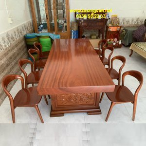 Bàn ghế gỗ gõ đỏ nguyên khối 90x12x250cm